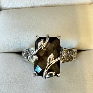 Rectangle Smoky Quartz Rhodium over Sterling. Sz 6.